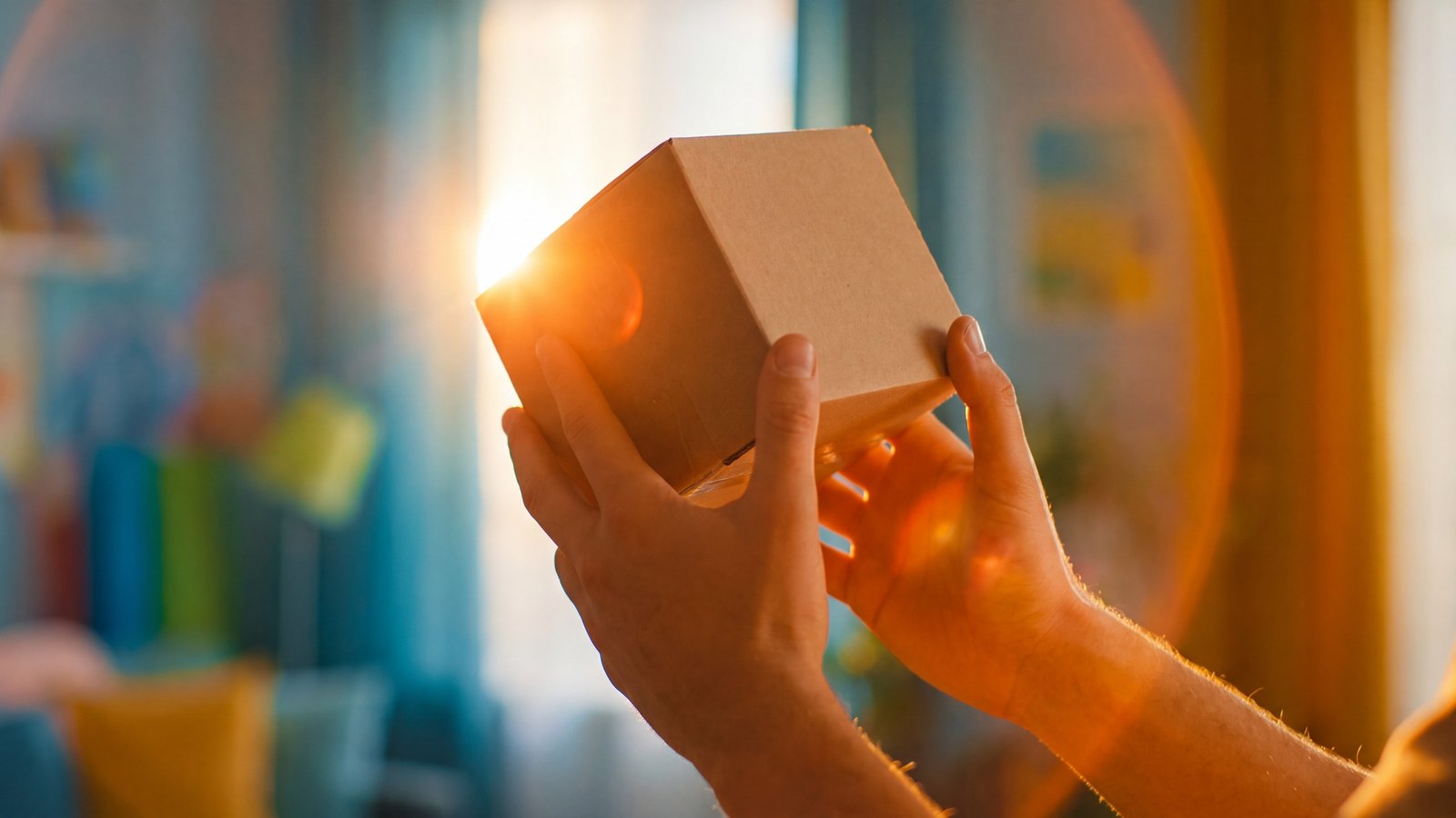 Twee handen houden een kartonnen doosje omhoog in een baan zonlicht