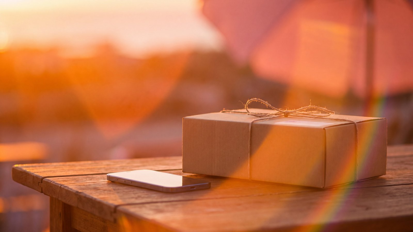 Een pakketje op een tafel tegen een oranje zonsondergang