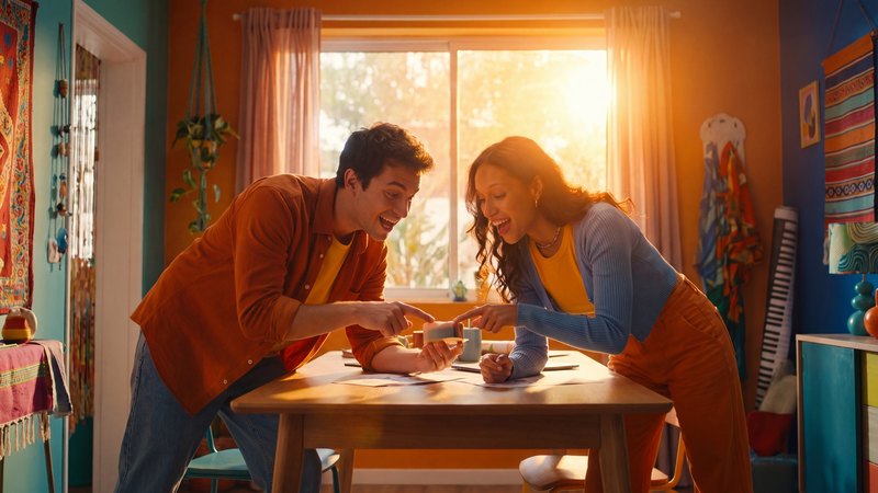 Twee mensen buigen zich in de zon over een tafel met een product tussen hen in