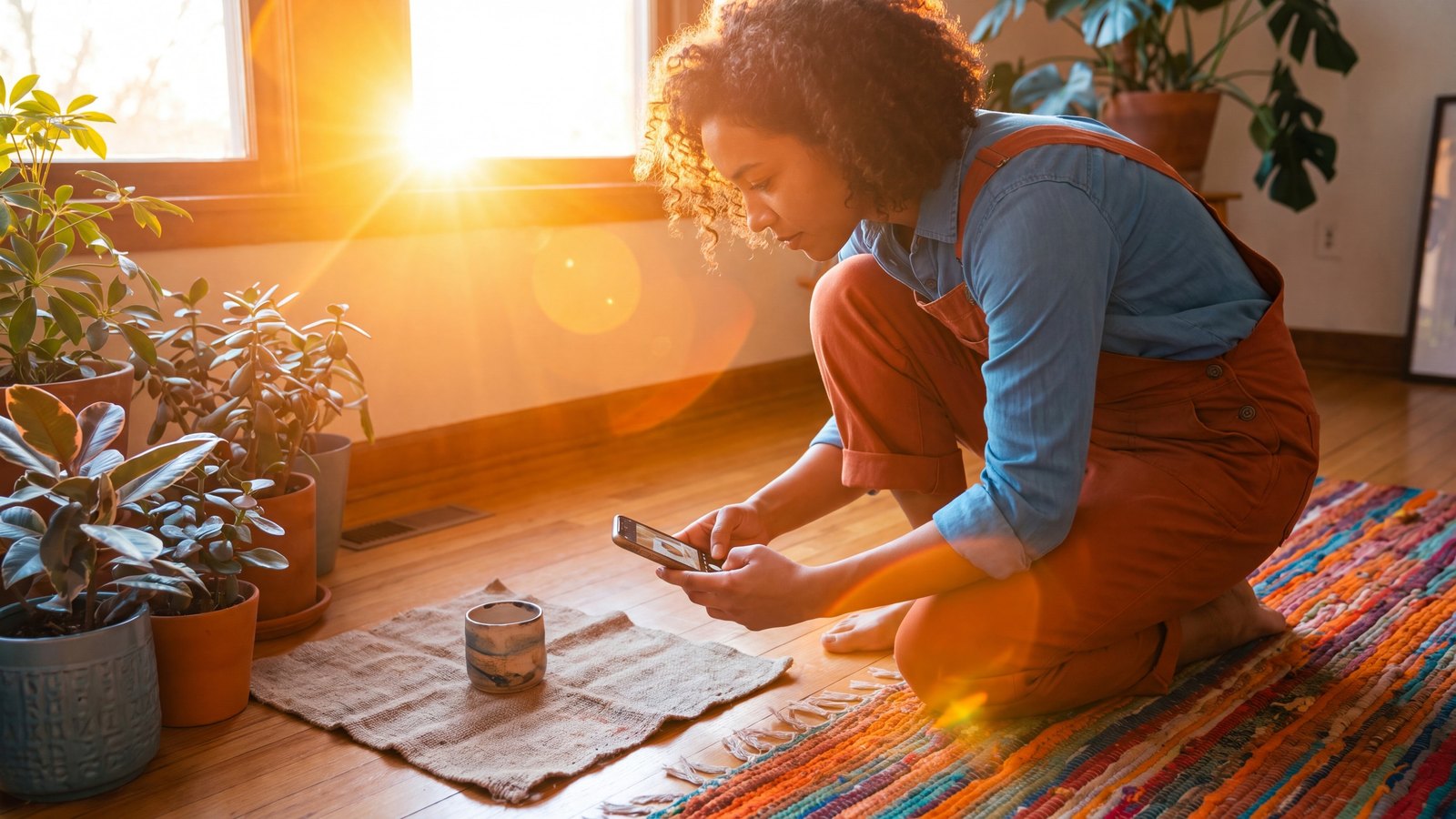 Een creator fotografeert geknield een product op een kleurig vloerkleed in de zon