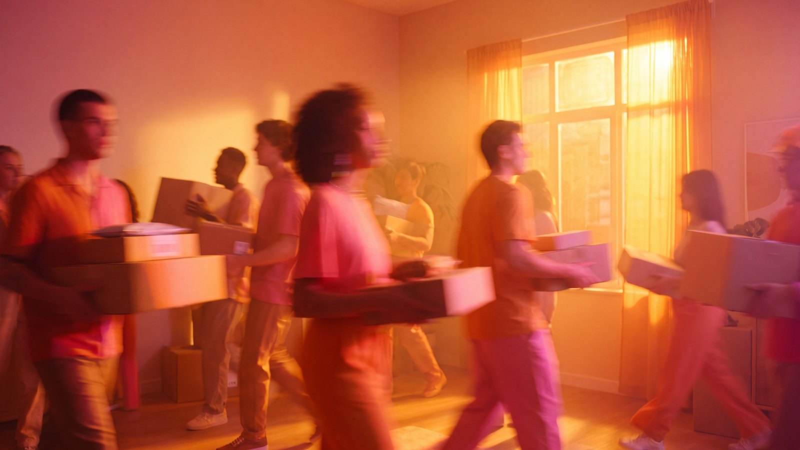 Meerdere mensen lopen met pakketjes door een zonnige kamer, allemaal in beweging
