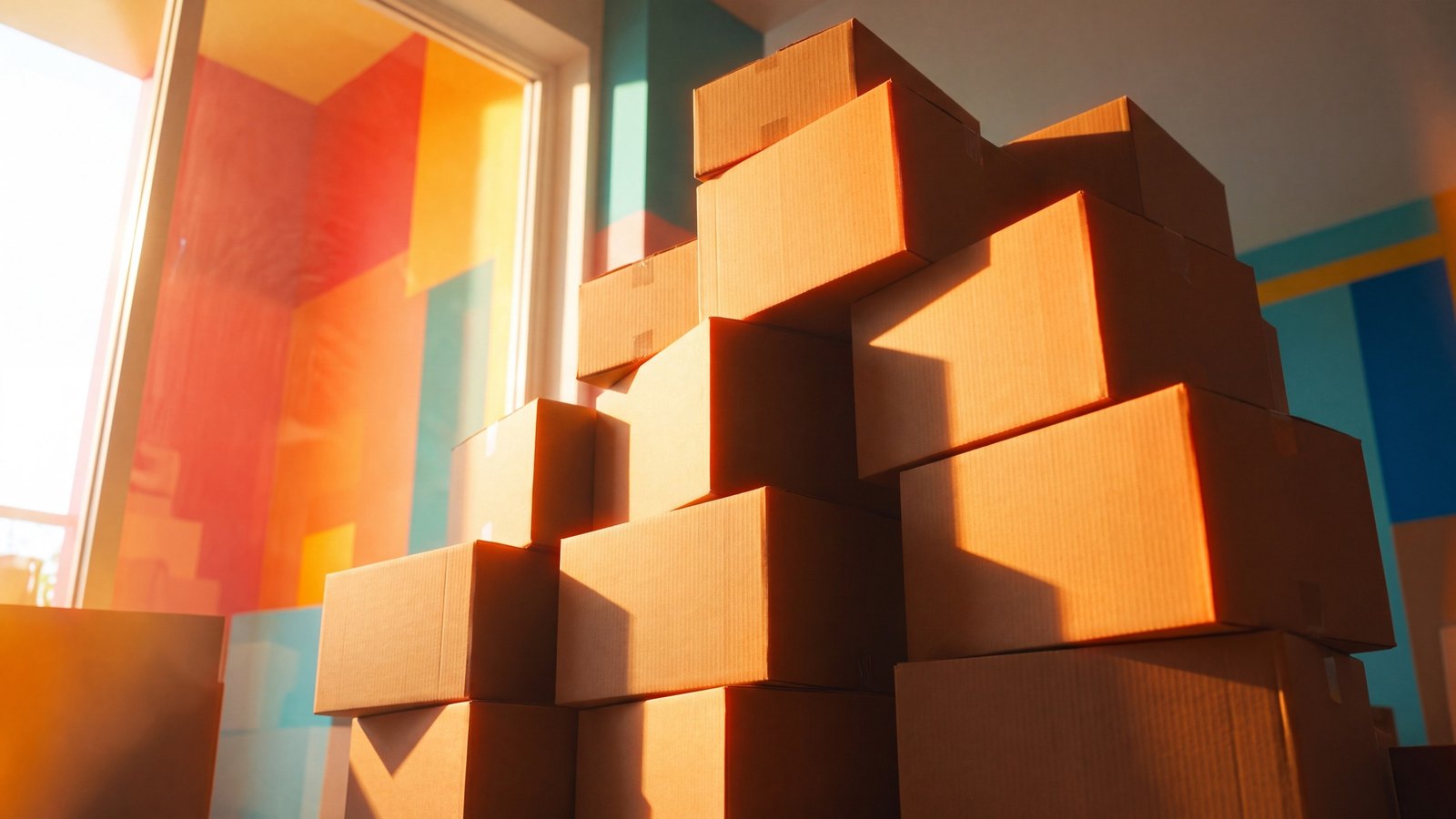 Een stapel kartonnen dozen met de late zon erlangs