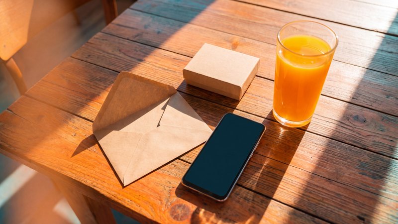 Van bovenaf: een geopende envelop, een doosje, een telefoon en een glas jus in de zon