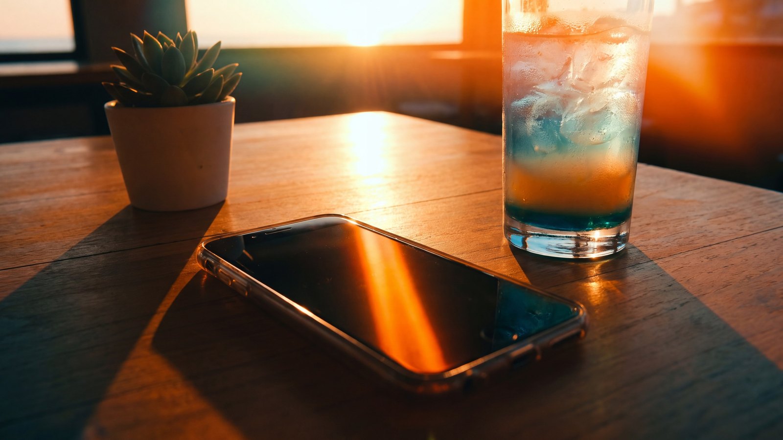 Een telefoon en een glas op een houten tafel in de late middagzon