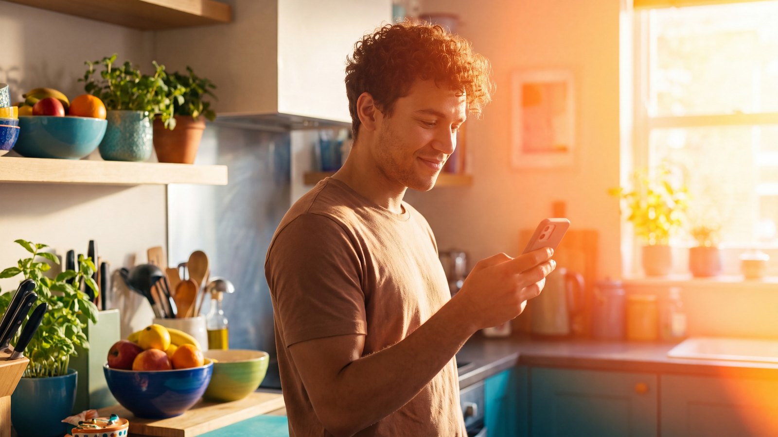 Iemand kijkt tevreden op zijn telefoon in een zonnige keuken