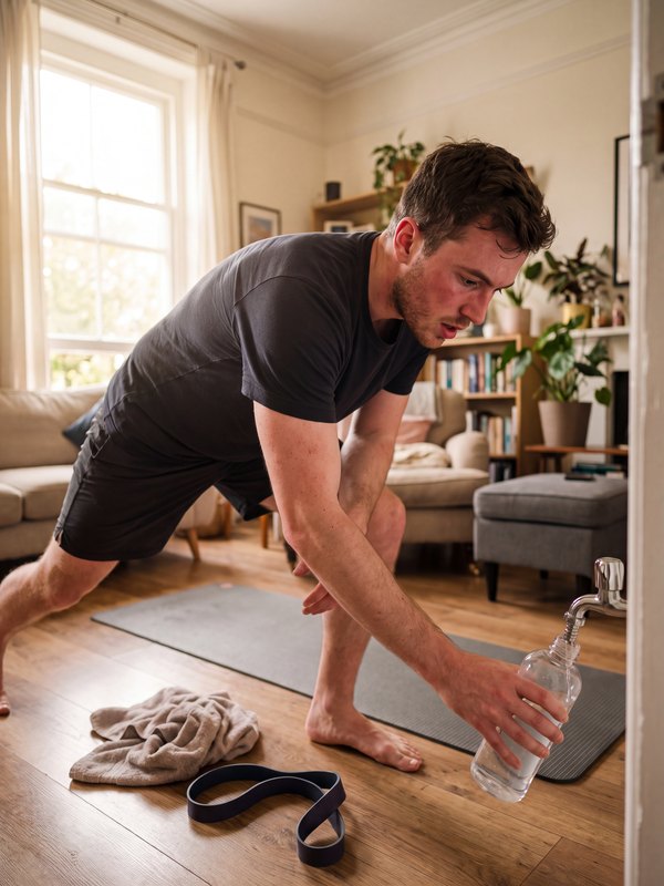 Iemand vult na het sporten een bidon naast een yogamat in de woonkamer