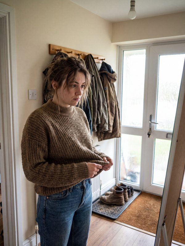 Iemand bekijkt in de hal hoe een gebreide trui valt in een passpiegel
