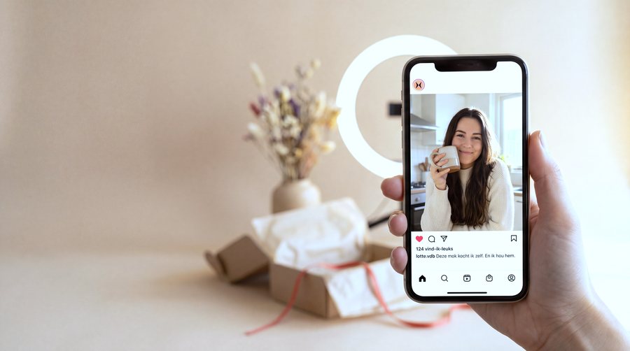 Een hand houdt een telefoon vast met daarop de post van een creator over een mok die ze zelf kocht, met daarachter een ringlicht en het geopende pakket