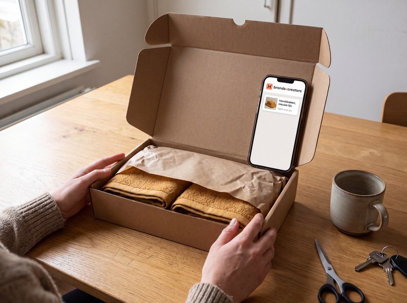 Een creator pakt aan de keukentafel een verzenddoos uit, met de telefoon ernaast op het tabblad Open campagnes