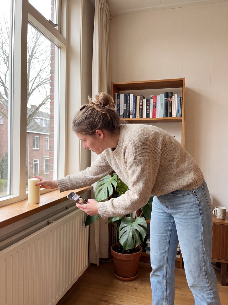 Een vrouw zet een geurkaars op de vensterbank en fotografeert hem met haar telefoon