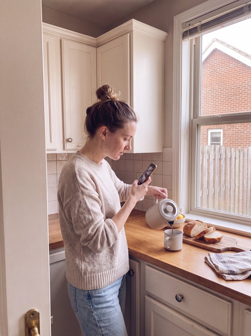 Een vrouw giet in de keuken koffie in een kan en houdt met de andere hand de telefoon vast