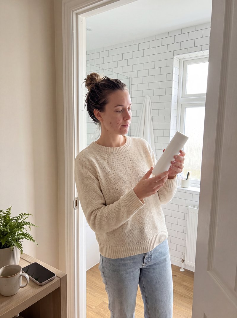 Een vrouw met nat haar houdt een flesje verzorging naast haar gezicht bij daglicht