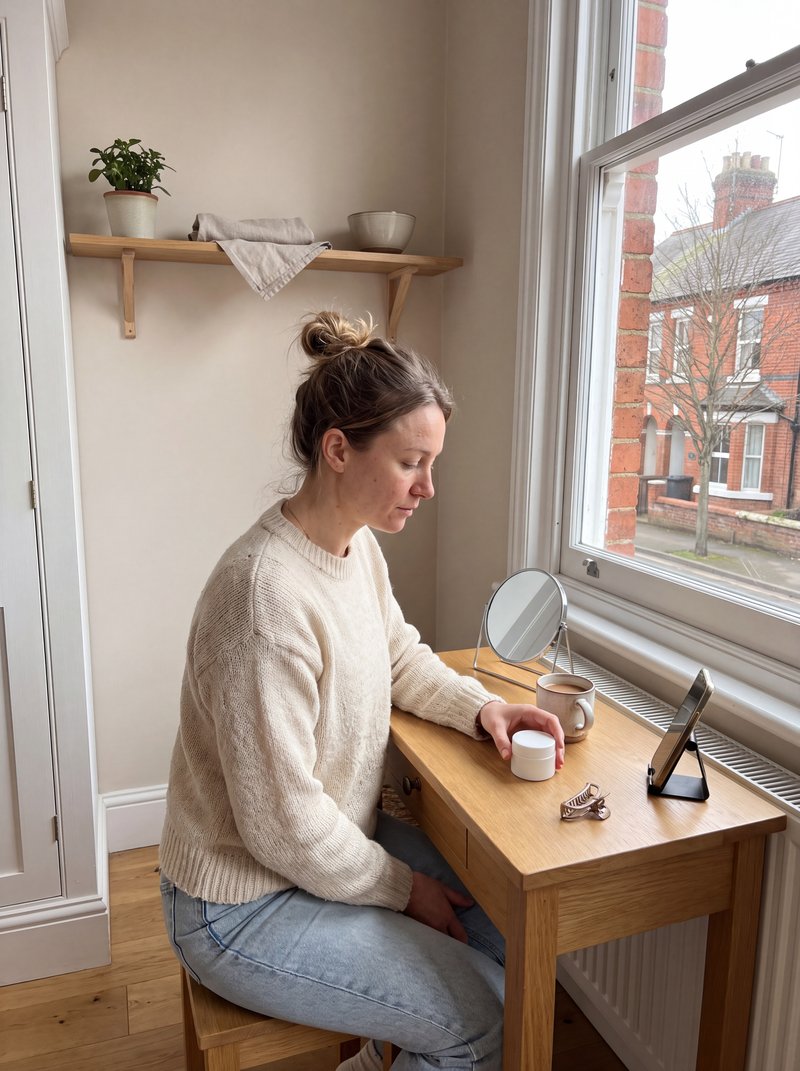 Een vrouw aan de kaptafel zet een klein potje neer en kijkt naar haar telefoon