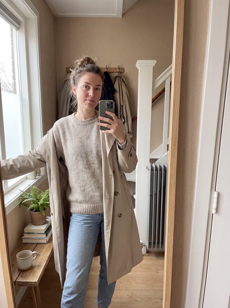 Een vrouw maakt een spiegelselfie in de hal met haar jas half aan