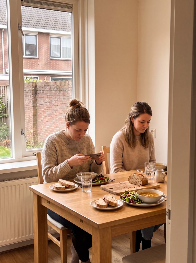 Twee vrouwen aan tafel, een van hen fotografeert het bord voor het eten