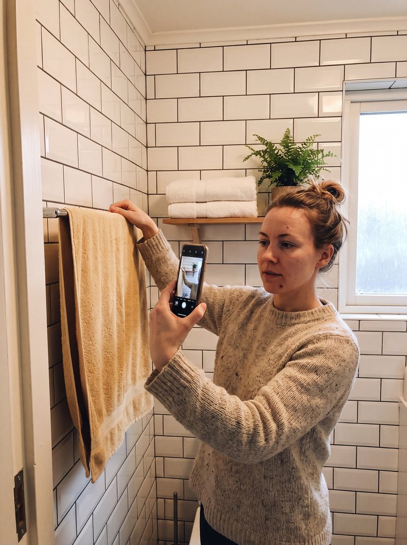 Een vrouw hangt een handdoek op en maakt er met een uitgestrekte arm een foto van