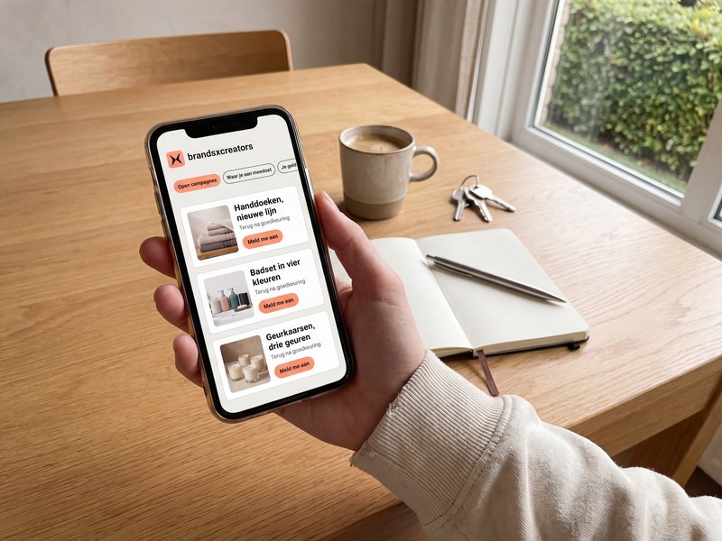 Een creator houdt haar telefoon boven de keukentafel en leest de lijst met open campagnes in de app