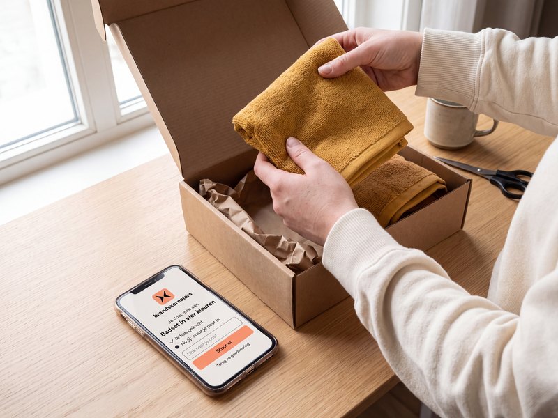 Twee handen halen een gele handdoek uit een verzenddoos; op de telefoon ernaast vraagt de app om de link naar de post