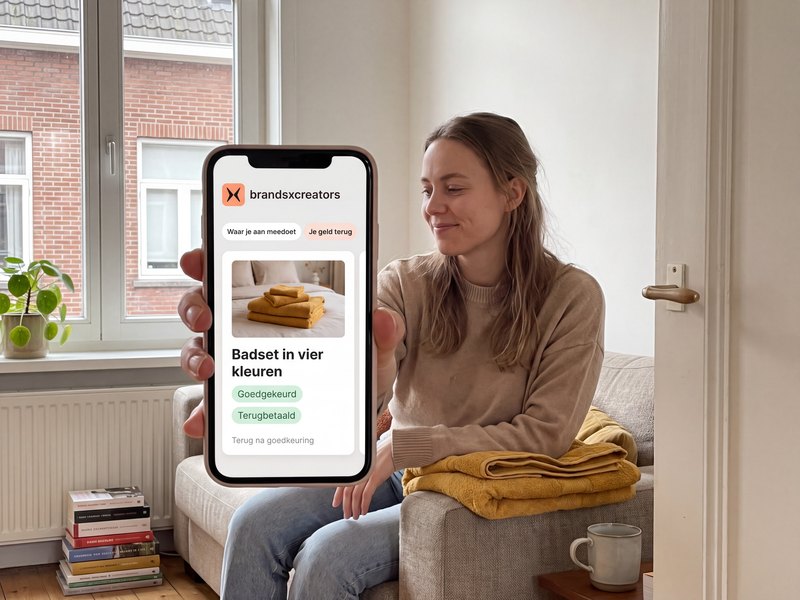 Een creator op de bank laat haar telefoon zien met de post op goedgekeurd en terugbetaald, de handdoeken naast haar
