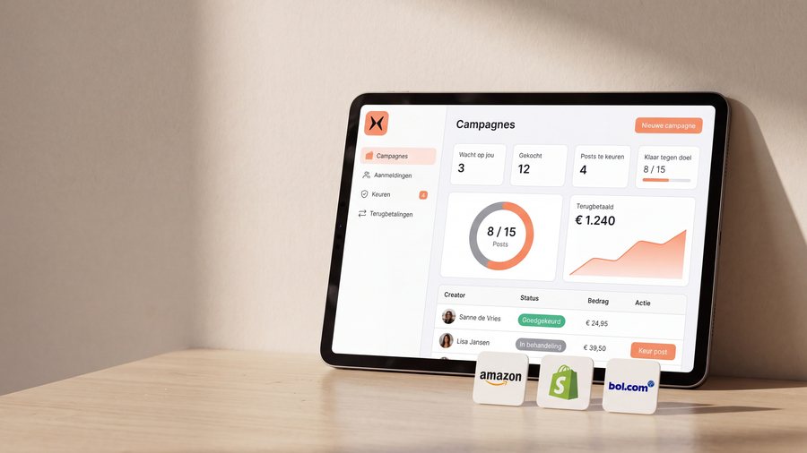 Een tablet op een houten bureau toont het campagne-overzicht van brandsxcreators, met de tellers voor aanmeldingen, gekochte producten en posts, en daarvoor de tegels van de verkoopkanalen