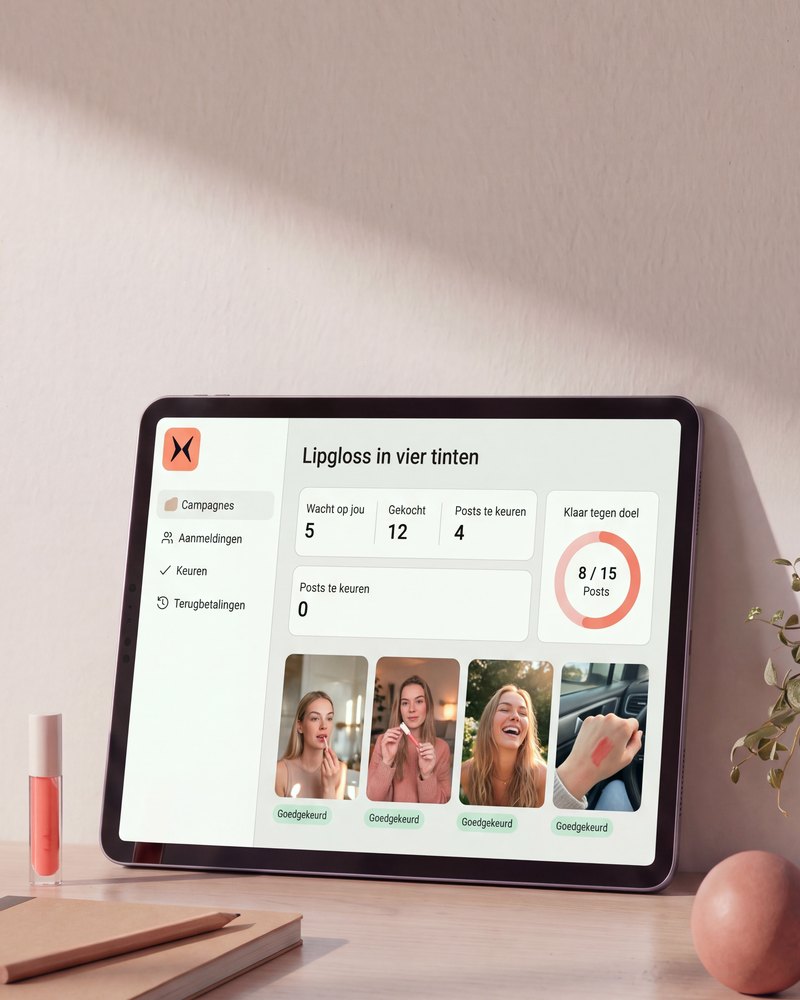 Een tablet op een bureau met het merkoverzicht van een campagne: tellers, de ring naar het doel en een rij posts van creators