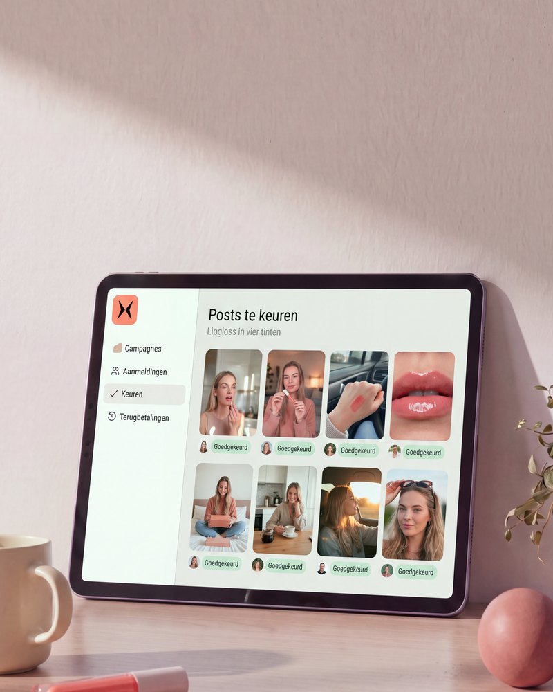 Een tablet met het keurscherm van dezelfde campagne: negen posts van creators met de lipgloss, allemaal goedgekeurd