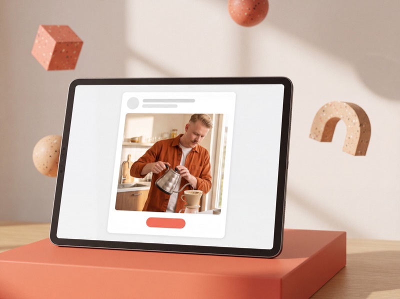 Een tablet met een advertentie met de foto van een creator