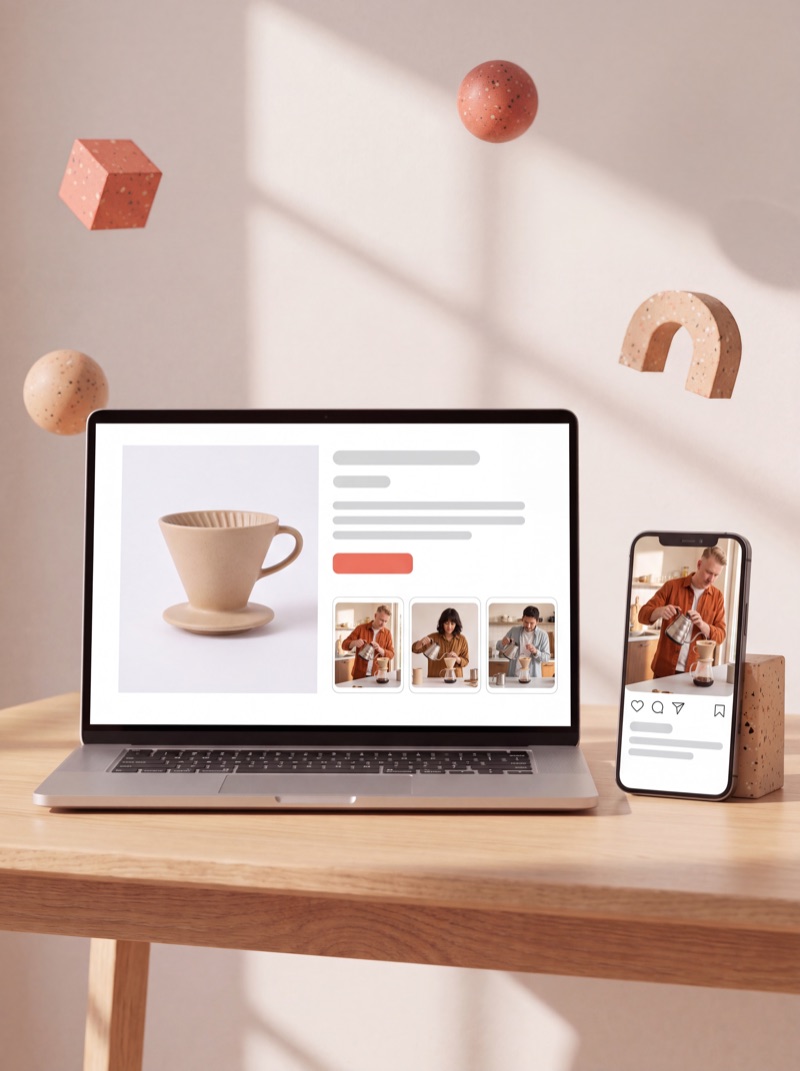 Een productpagina met foto’s van creators en een telefoon met dezelfde post