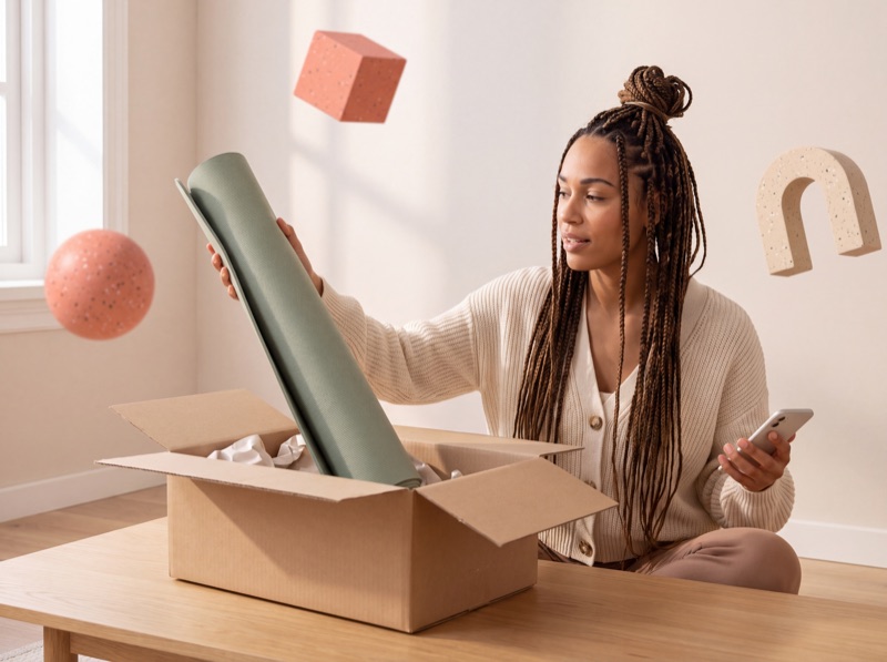 Een creator pakt thuis een yogamat uit