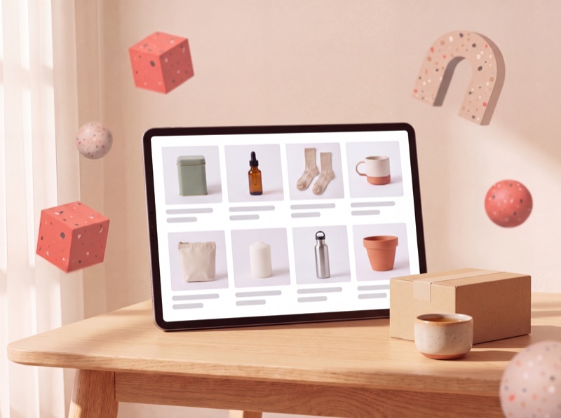 Een tablet met een webshopcatalogus naast een pakketje