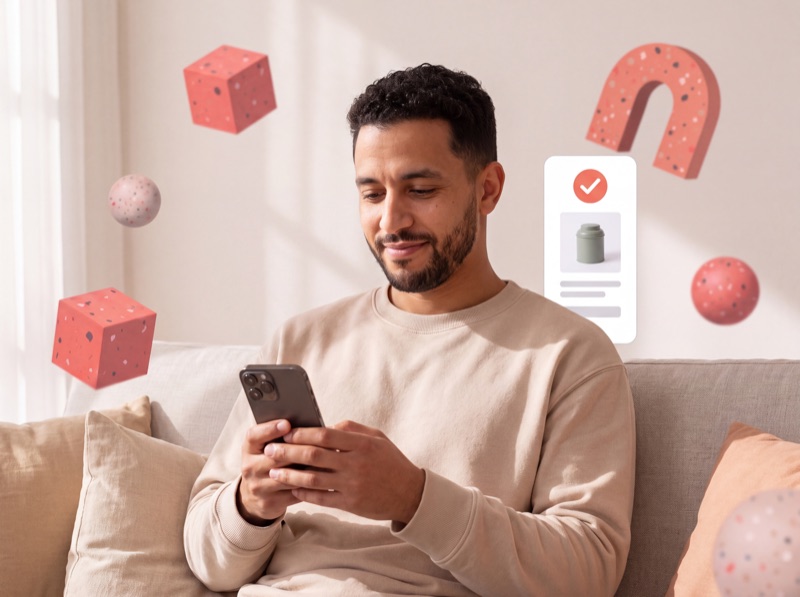 Een creator bestelt op de bank met zijn telefoon