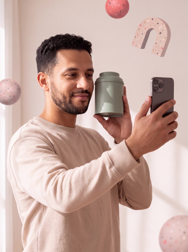 Een creator houdt het theeblik voor zijn telefooncamera