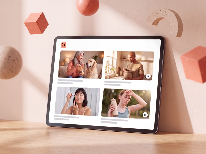 Een tablet met vier foto’s en video’s van creators