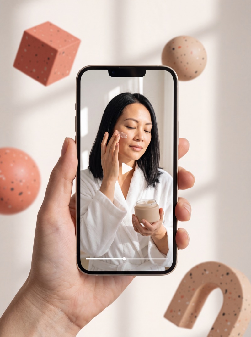 Een telefoon met de video van een creator over gezichtscrème